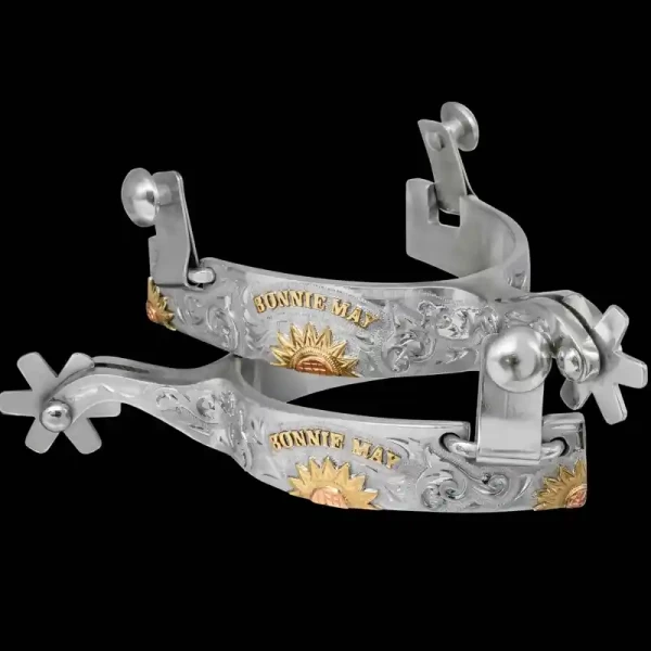 This one's for the gals! Personalize the Bonnie May Spurs with your name, initials, bible verse and more. They are crafted on high-quality German Silver and engraved on the entire outside band and both sides of the shank. Detailed with beautiful Jewelers 